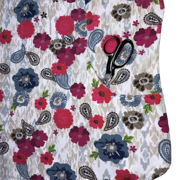 UA Scrubs Top Red Floral with Blue Brown Paisley Print Size LG - Picture 6 of 8